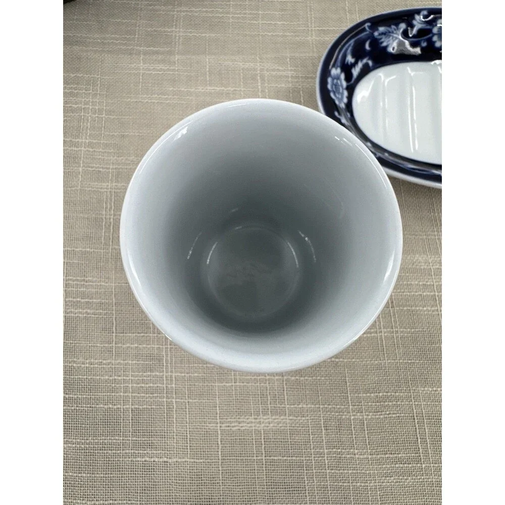 Pier 1 Imports Mandarin Cobalt Blue & White Soap Dish and Cup Toothbrush Holder